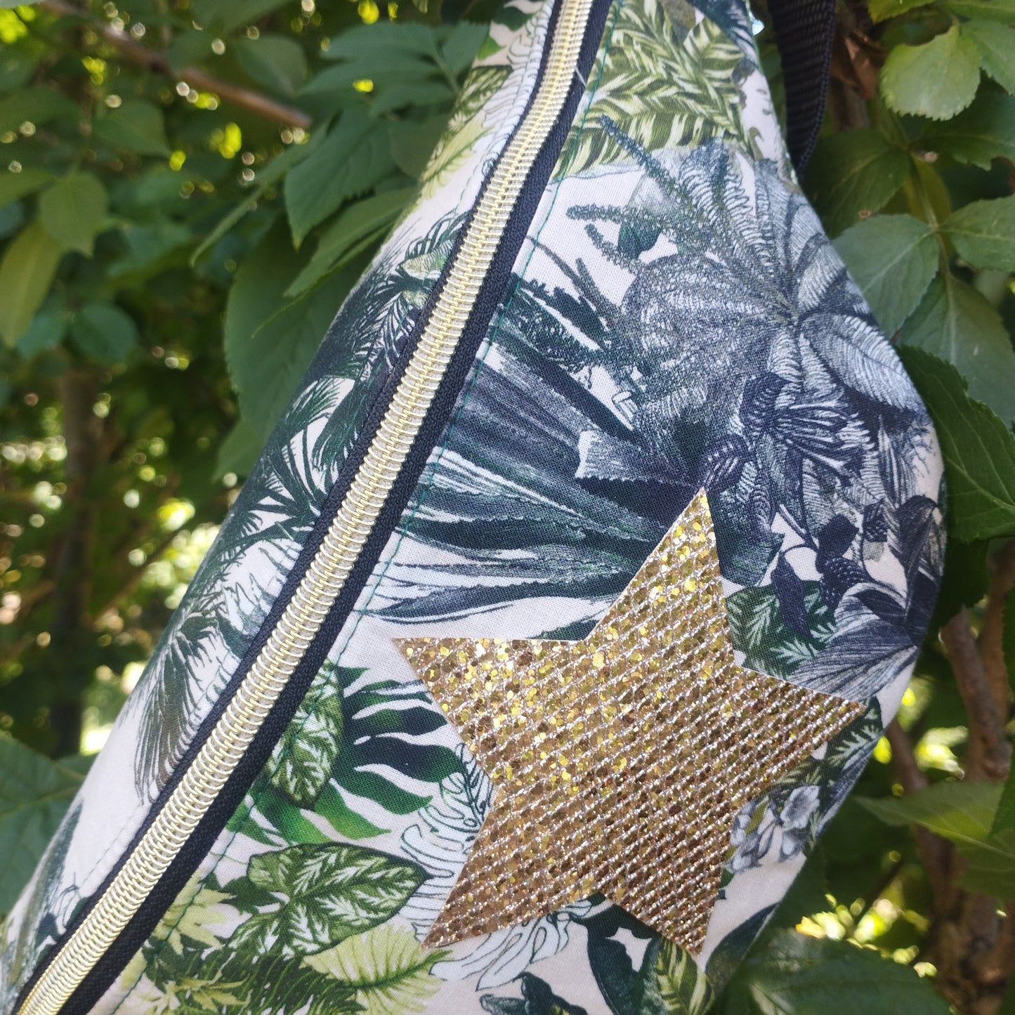 Sac banane jungle feuille tissu jungle tissu monstera sangle noir fermeture éclair doré coton étoile doré brillante paillette