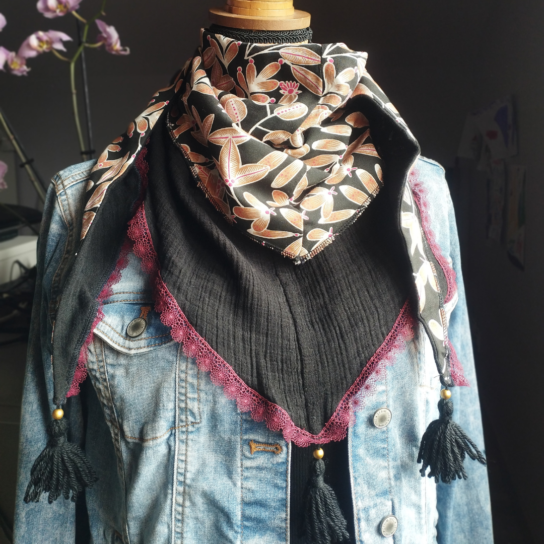 foulard écharpe snood pompom triple gaz de coton noir femme