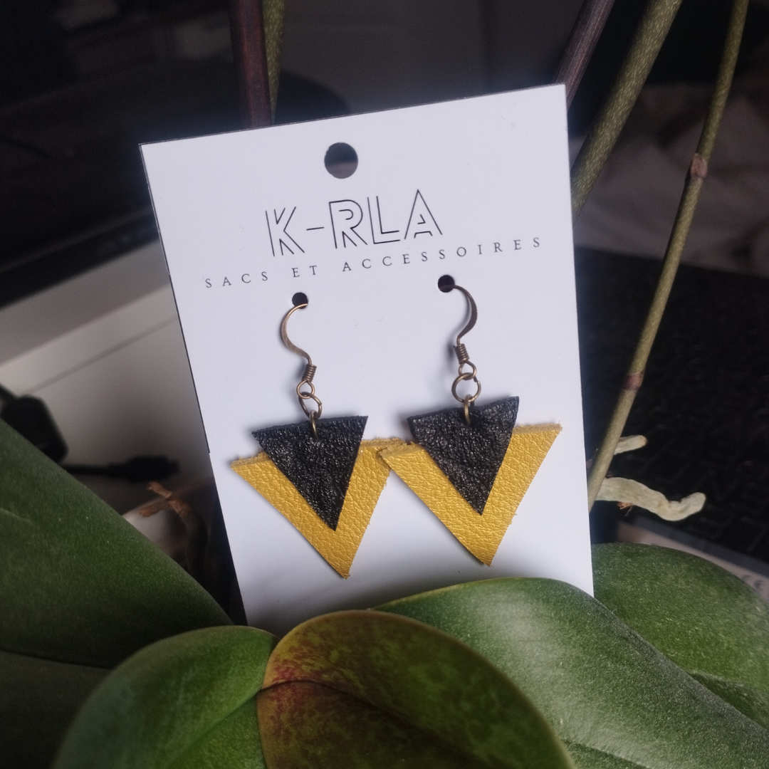 Boucles d'oreilles en cuir noir et jaune