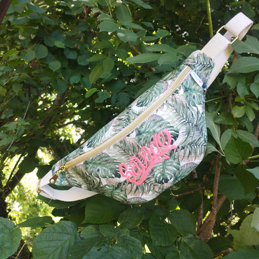 Sac banane broderie fluo rose broderie savage tissu jungle tissu monstera sangle coton beige fermeture éclair doré coton 
