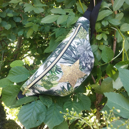 Sac banane jungle feuille tissu jungle tissu monstera sangle coton beige fermeture éclair doré coton étoile doré brillante paillette 