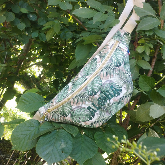 Sac banane broderie verte broderie aloha tissu jungle tissu monstera sangle coton beige fermeture éclair doré coton 